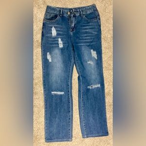 Blue Straight Leg Jeans with Distressed Details